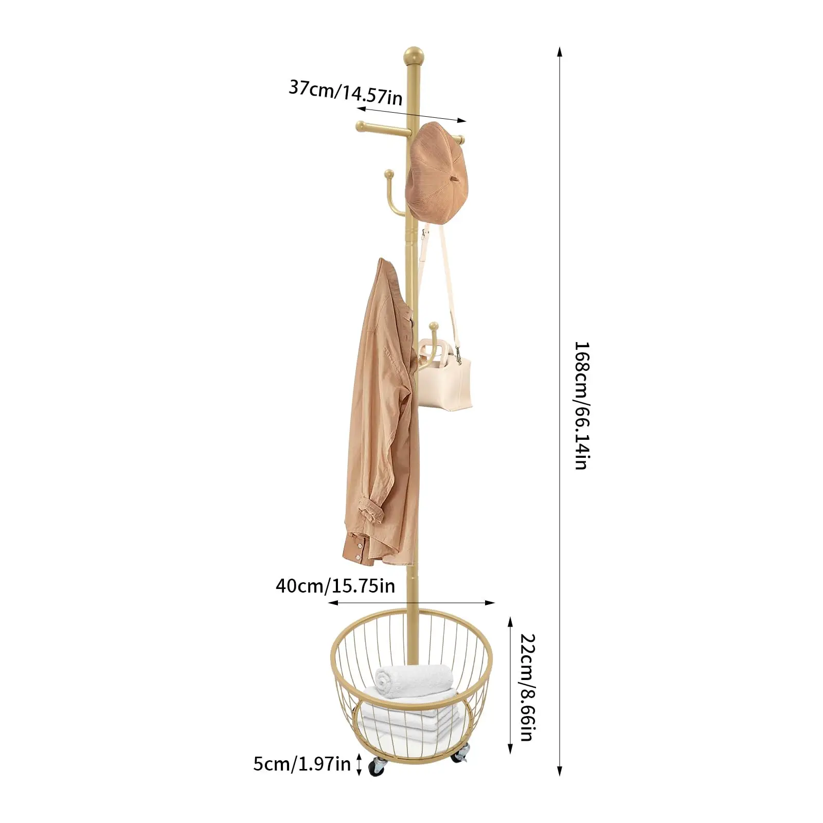 Cabide de pé com rodas, cabide de entrada moderno com cesta de armazenamento e 6 ganchos, árvore de metal de chão sta