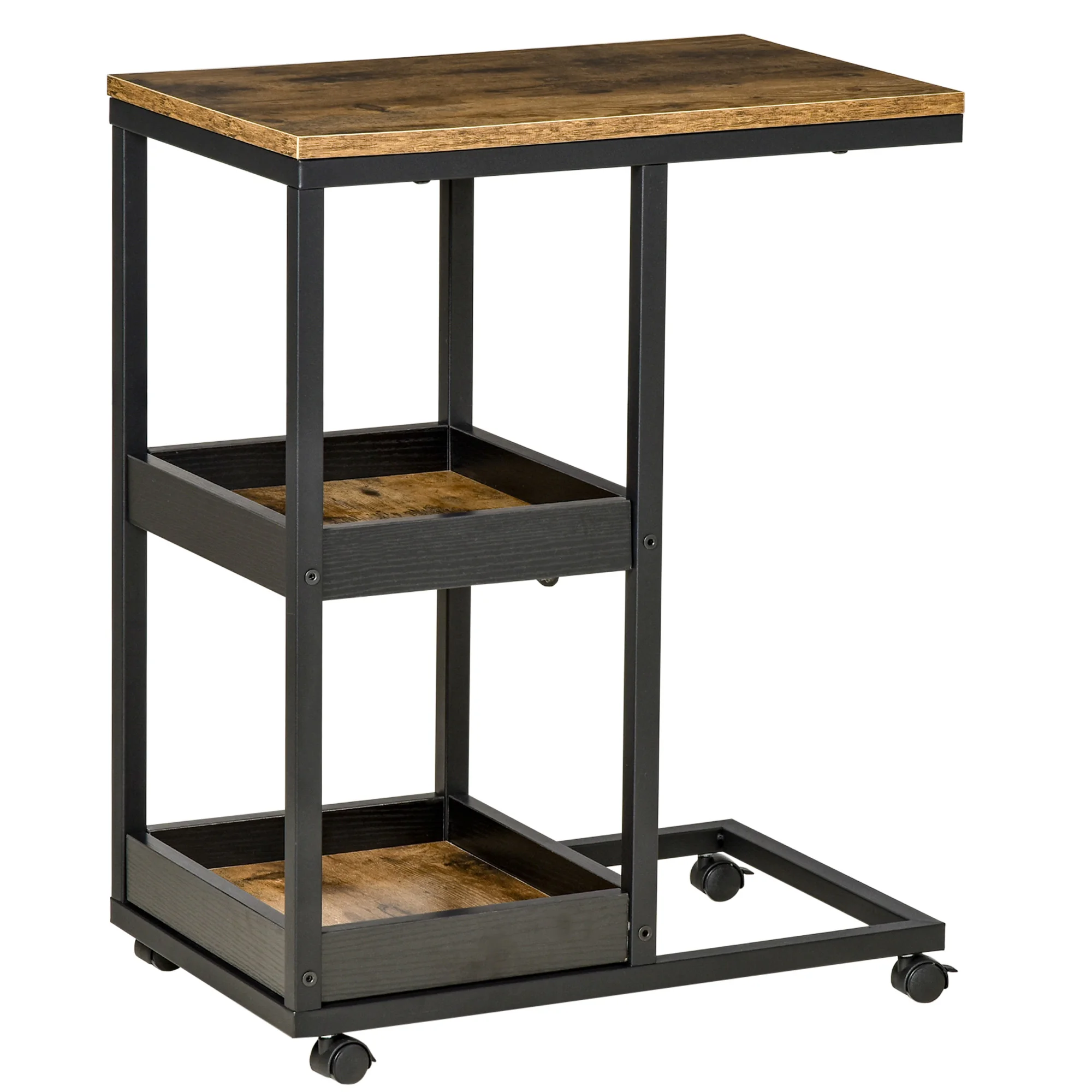 HOMCOM Mesita Auxiliar en Forma de C con Ruedas 51x33x66 cm Marrón Oscuro
