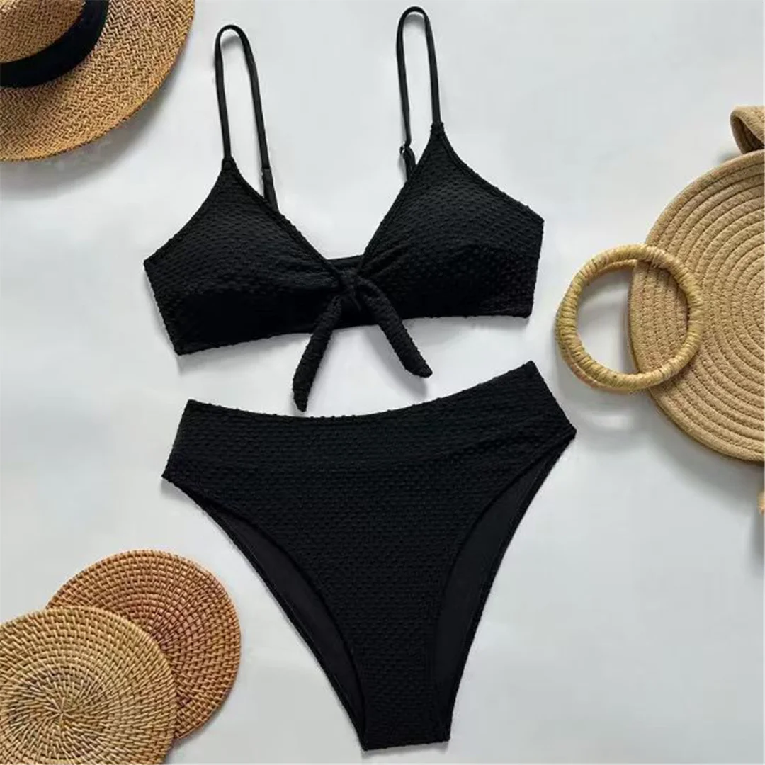 S - XL Neuer, geknitterter, geknoteter Bikini mit mittelhoher Taille, Damen-Badeanzug, zweiteiliges Bikini-Set, Badebekleidung, Badeanzug, Schwimmanzug V8456 – Detail 4