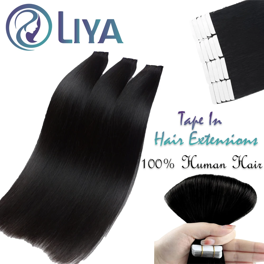 Invisible Tape In 100% Human Hair Extensions Straight PU Seamless Tape In Hair Skin Weft Adhesive Glue On Salon 1B Natural Color