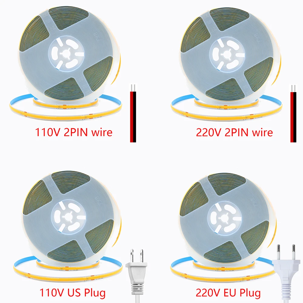 5M 10M 15M 20M 110V 220V COB LED Strip Light Super Bright 240LEDs/M 2PIN Wire Tape Flex Ribbon EU US Plug Room Lighting 8MM PCB