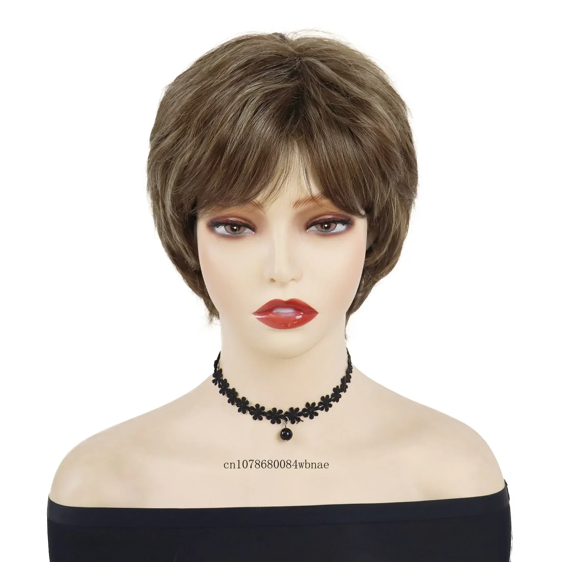 Synthetic Short Mix Brown Pixie Cut Wig for Women Lady Natural Wavy Mommy Wig with Bangs Daily Costume Hair Replacement Wigs