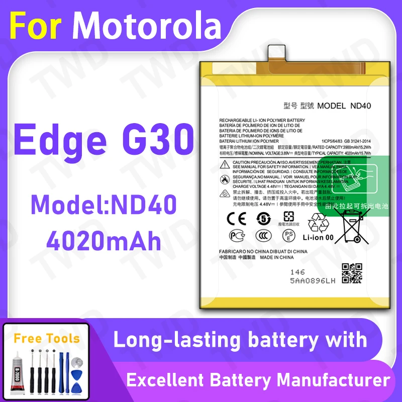 

100% New 4020mAh ND40 Battery For Motorola MOTO Edge G30 Replacement Bateria+Free Tools
