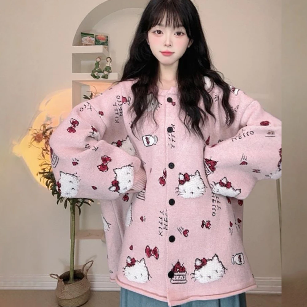 Cute Cardigan Sweater Coat Hello Kitty Kawaii Sanrioed Anime Embroidery Knitting Tops Cartoon Sweet Girls Student Casual Coat