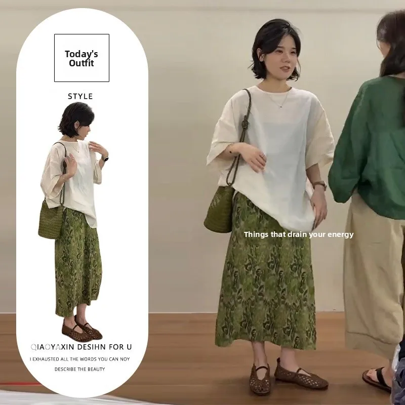 

Vintage Green Short Sleeve T-Shirt And Skirt Set Two-Piece Suite Summer Fashion Korean Style Half-length Skirt Ensemble