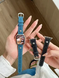 2024 New 3D Star Denim Canvas Band For iWatch Ultra 9 8 7 6 5 4 SE 3 Korea Girl Strap For Apple Watch 41mm 40mm 45 44 42 38 49mm