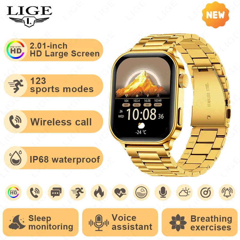 

LIGE Men Sports Smart Watch Heart Rate Blood Oxygen Health Monitor 2026 New 2.01" HD Screen Bluetooth Call Smartwatch Women