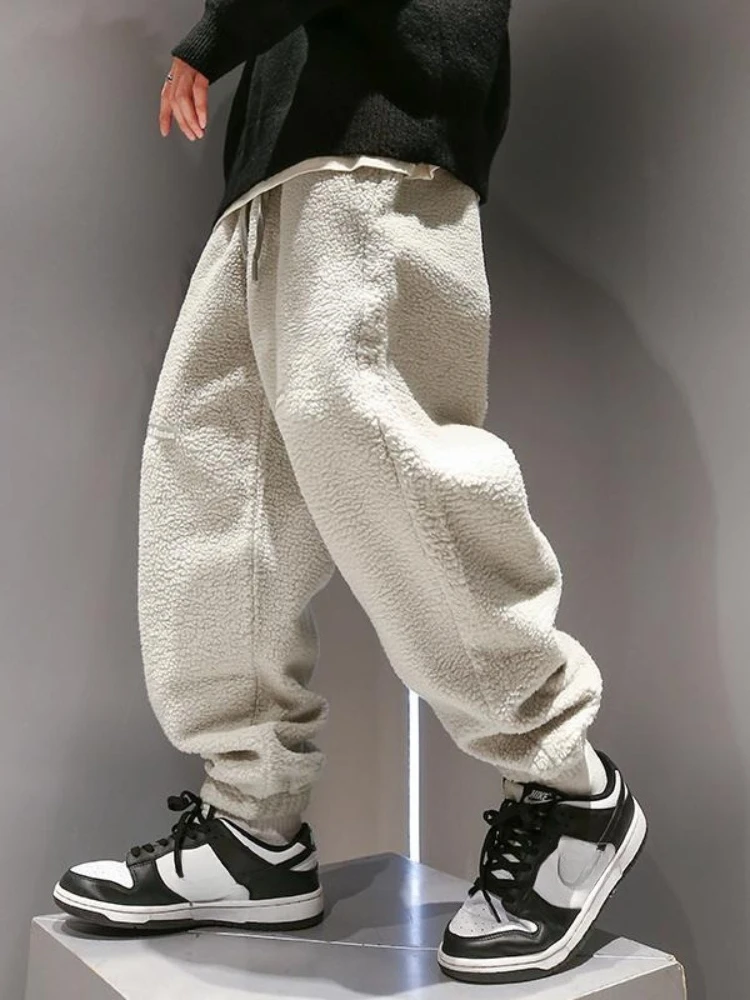 Winter Vintage Fleece Lined Harem Sweatpants Men Thick Warm Cuffed Joggers Casual Loose Trousers