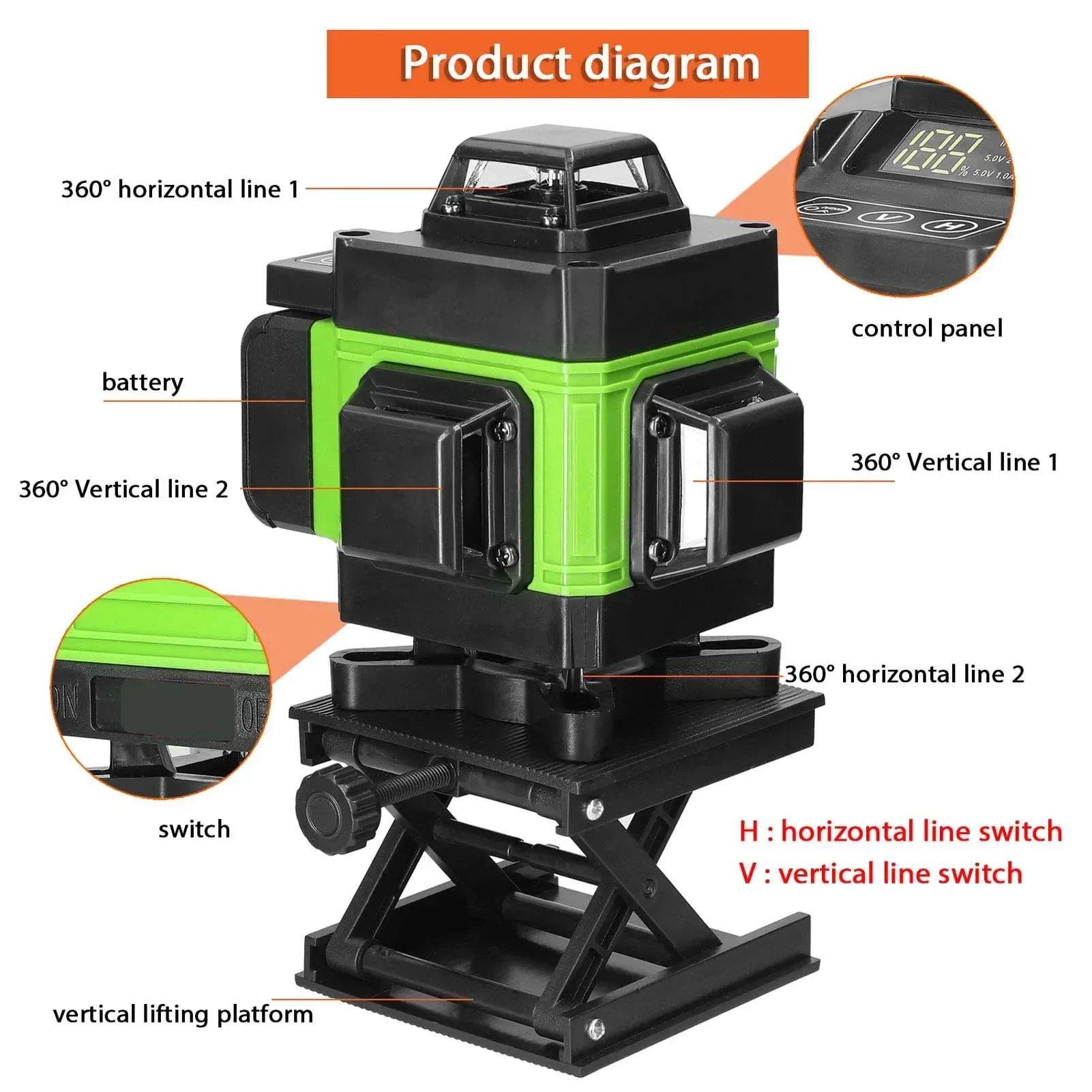 4D 16/12 /8 Lines Green Light Vertical and Horizontal Site Measuring Laser Instrument Inclined Laser Level  Construction Tools