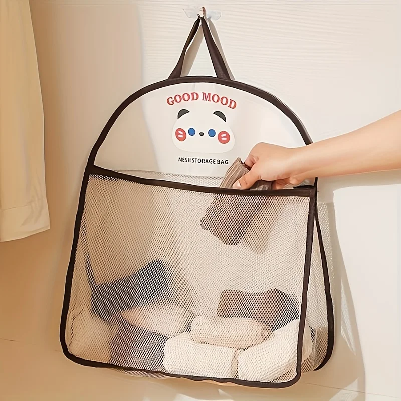 1Random color hanging mesh storage bag - Breathable fabric organizer bag，With cute animal patterns，Space-saving foldable design，