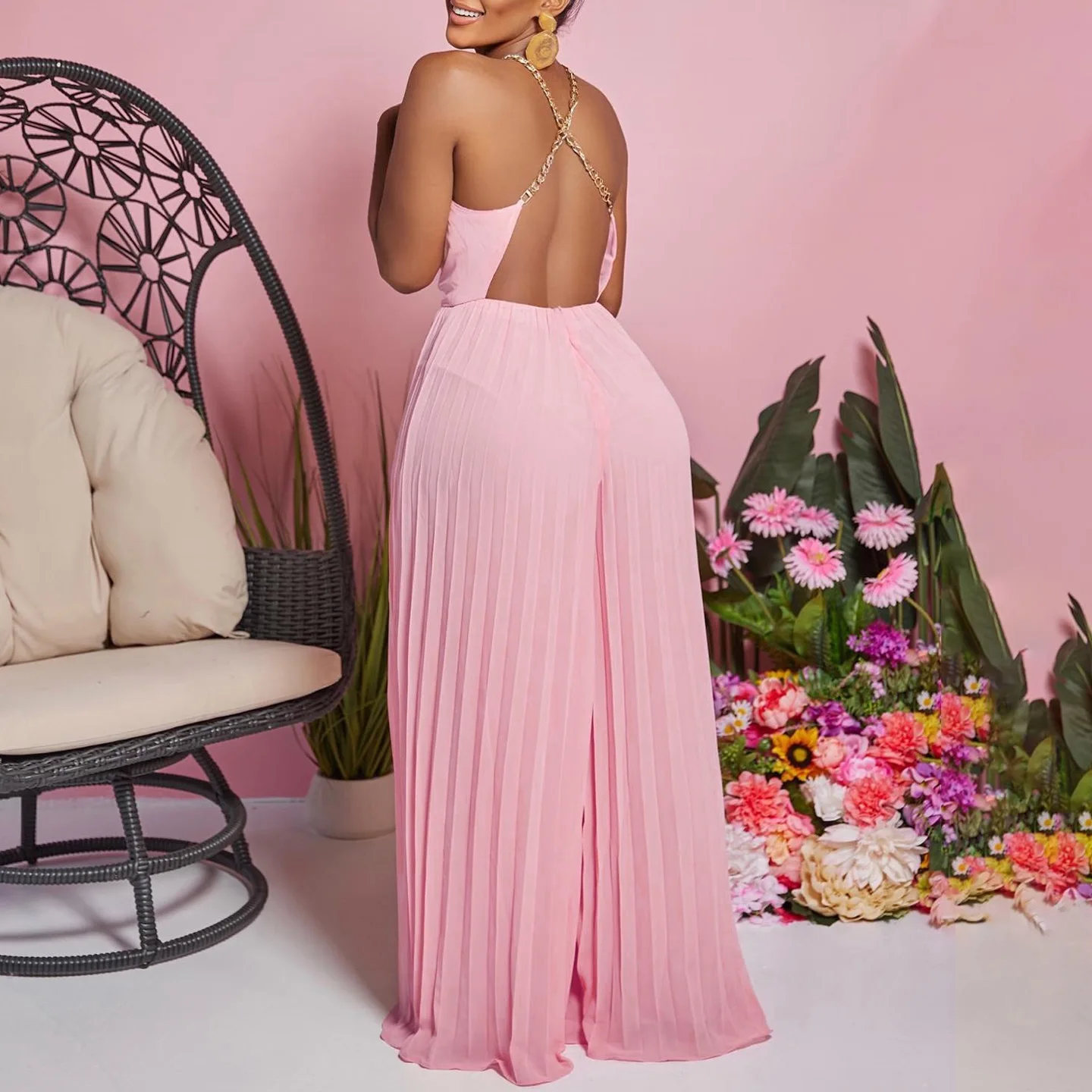 Elegant Jumpsuits & Rompers for Women Halter Backless High Waisted Pleated Wide Leg Pants Floor Length Sexy Birthday Party Cloth