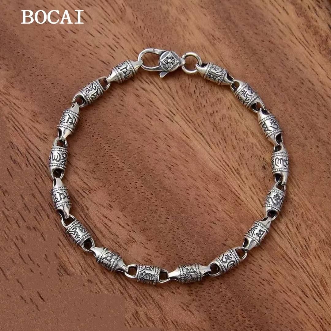 BOCAI S925 Sterling Silver Retro Punk Six Character Mantra Olive Beads Diamond Pestle Men's Bracelet Free Shipping