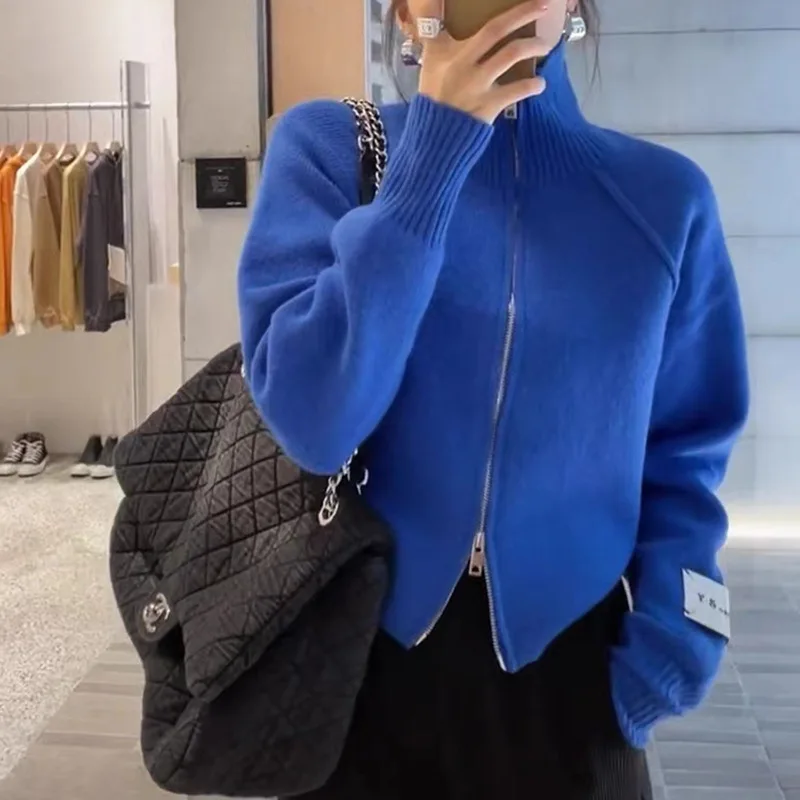 

Double Zipper Solid Color Design Sweater Jacket for Women Autumn/winter 2025 New Item