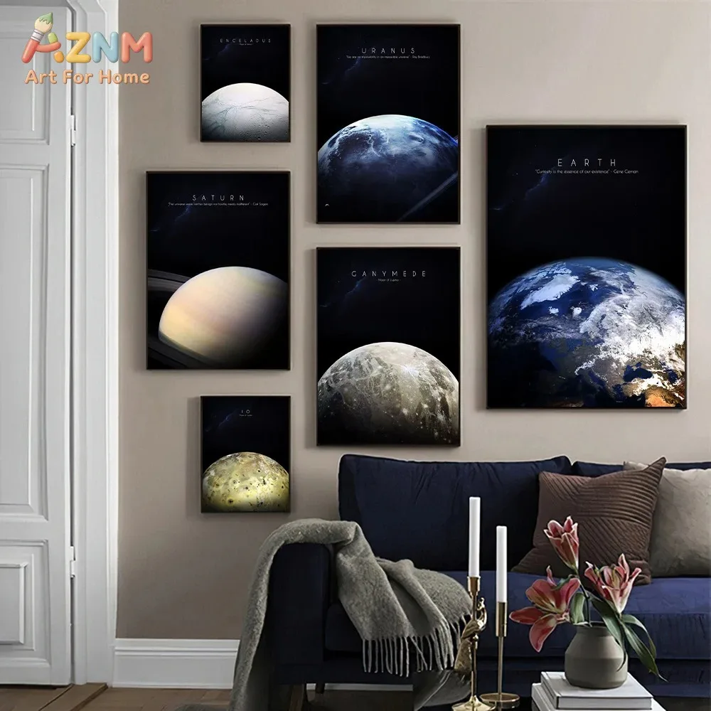 AZNM Outer Space Planet Canvas Wall Art Earth Saturn Uranus Moon Astronomy Dark Cosmic Minimalist Bedroom Unframed Canvas Poster