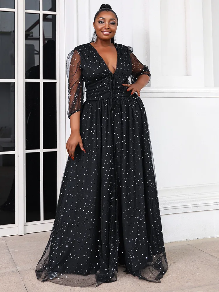 Missord Women Polka Dot Plus Size Dress Summer V Neck Long Sleeves Thigh Split A-line Beach Party Prom Dresses Black Ball Gown