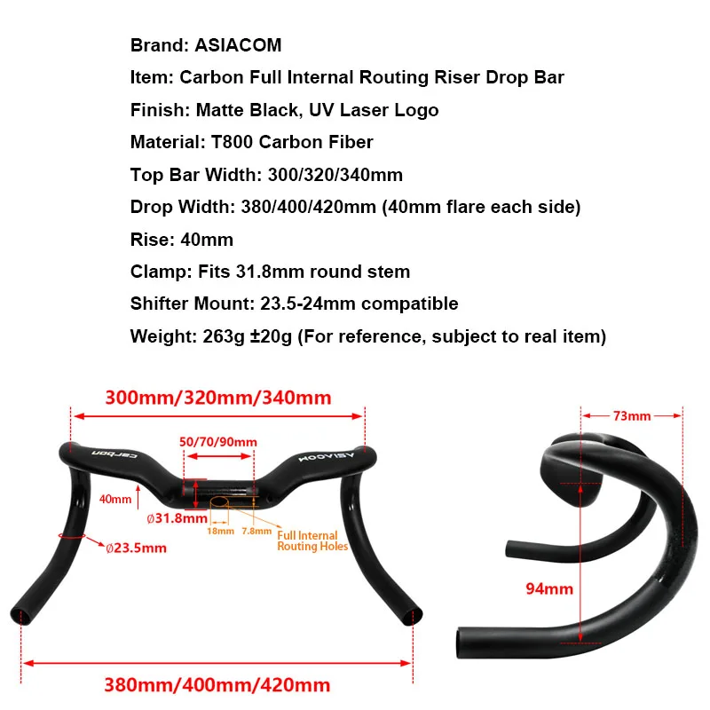 ASIACOM Full Carbon 40mm Rise Drop Bar Road Racing Handlebar Fully Internal Cable Routing 380-420mm Bicycle Cycling Parts