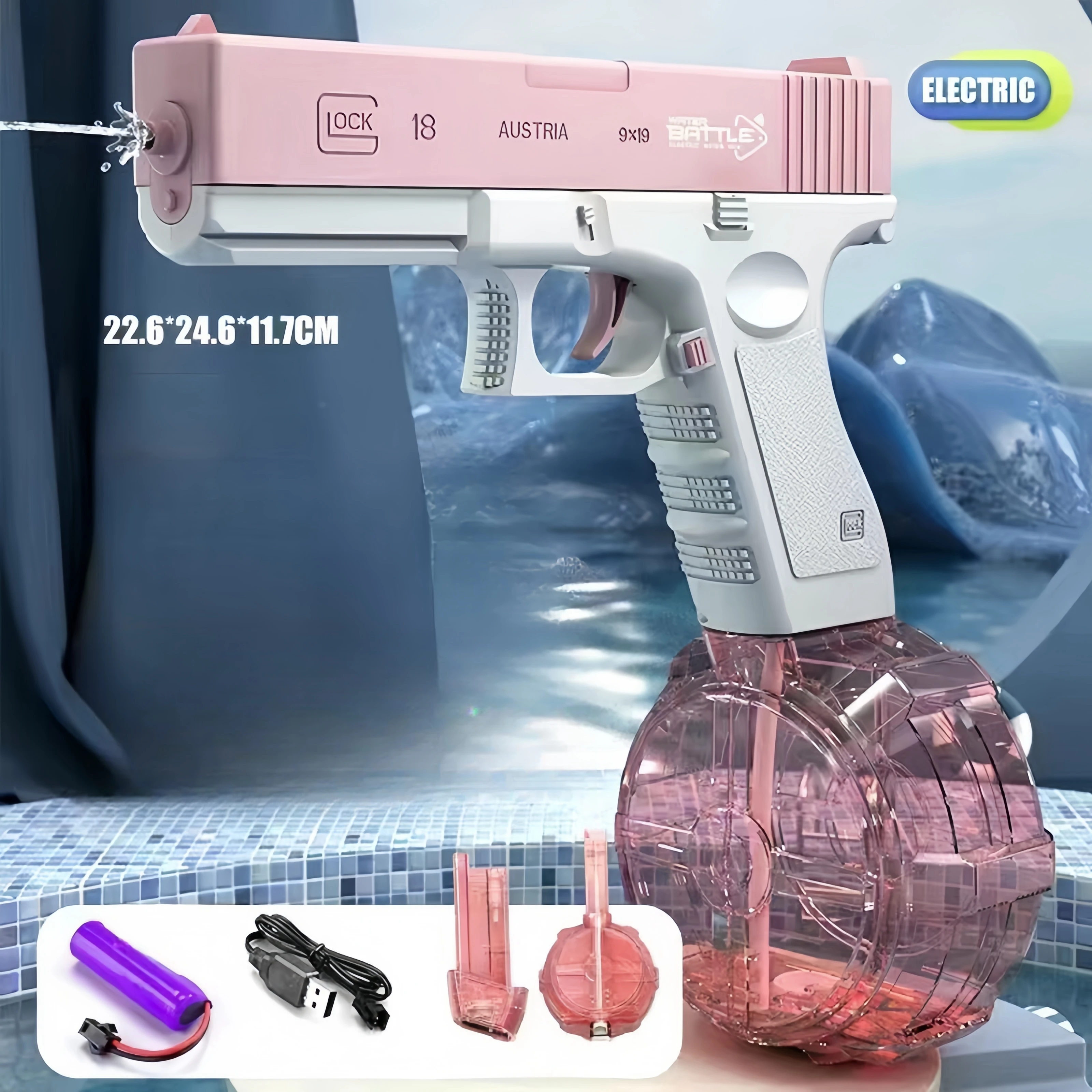 2024 New High Capacity Glock Electric Water Gun Kids Water Gun Water Bucket Rechargeable Toys Water Games Beach Games