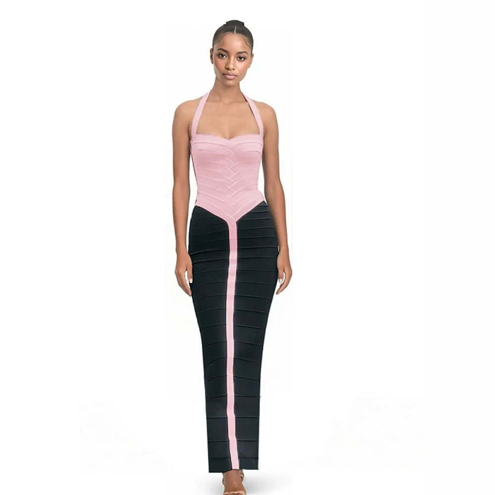 Sexy Contrasting Bandage Strap Dress Sleeveless Backless High Waist Bodycon Maxi Dresses Elegant Wedding Evening Cocktail Party