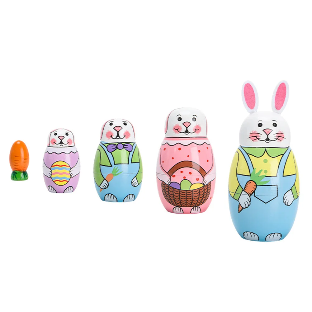 

Painted Bunny Nesting Wooden Toys Decorative Cartoon Bunnies Colorful Russian Matryoshka Gifts Safe Natural Wood