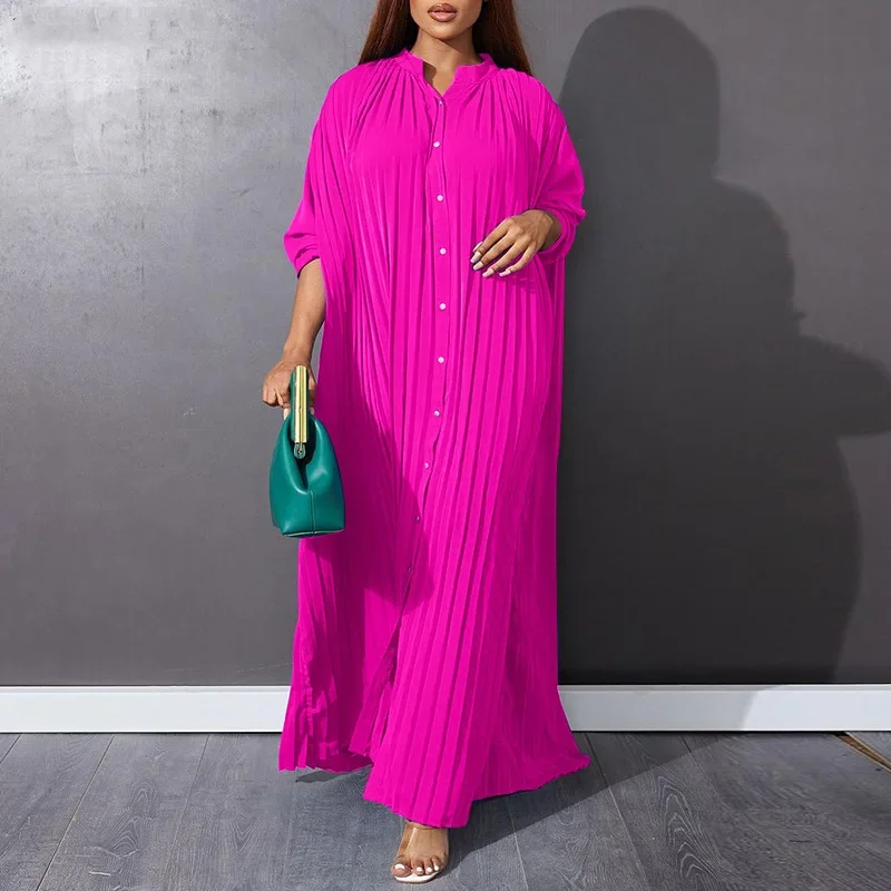 Women Eid Muslim Dresses Stand Collar Single Breasted Dubai Arab Vestidos Ramadan Casual Loose Kaftan Dress Solid Pleated