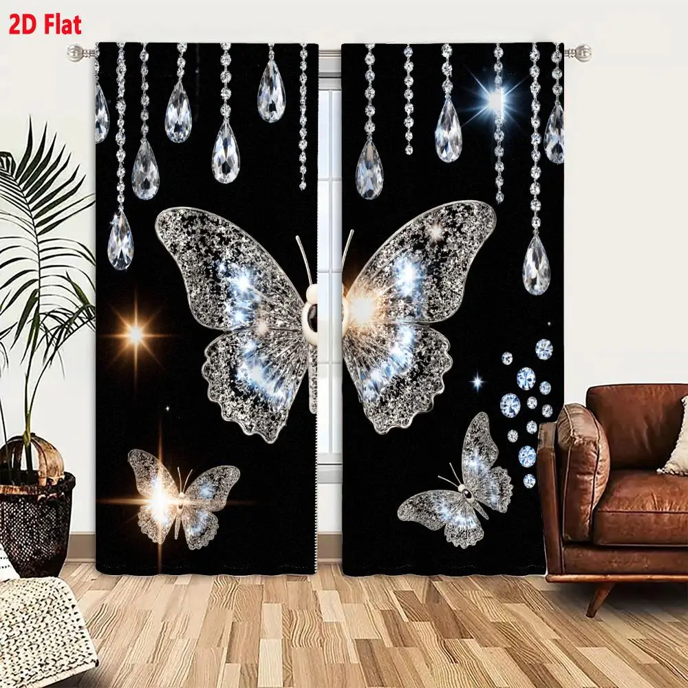 2Pcs Curtains 2D Flat Crystal Butterfly Ornament with Sparkling Elements and Beaded Chandelier Drops Elegant Luxurious Festive D