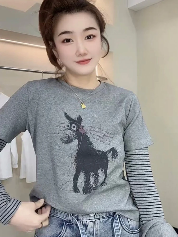 

Повседневный женский комплект с ретро-принтом, длинными рукавами и круглым вырезом, модный весенний наряд для работы и отдыха