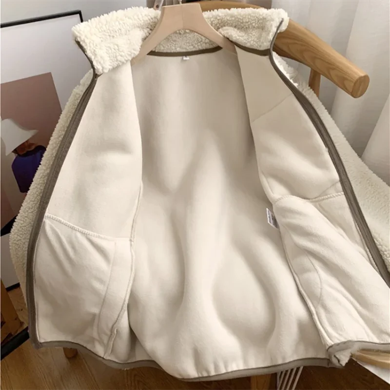 Couple's Autumn/Winter New Zipper Loose Windproof Pocket Jacket Casual Stand Up Collar Warm Lamb Wool Coat Outdoors Running Wear