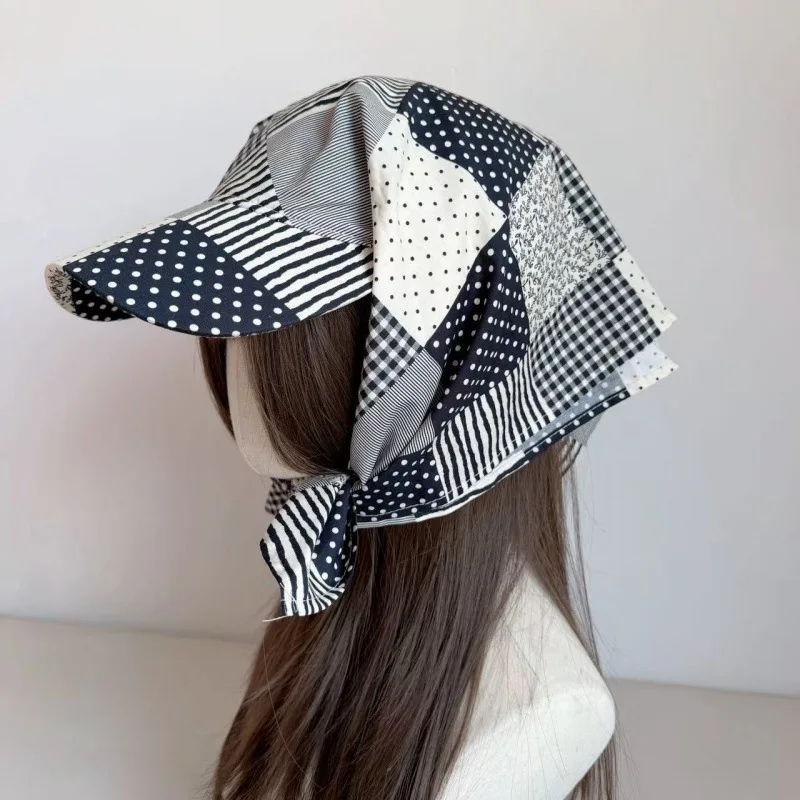 Polka Dot Plaid Stripe Patchwork Baseball Cap with Scarf Bandana Adjustable Tie Back Sun Hat, Y2K Aesthetic Streetwear Headwear