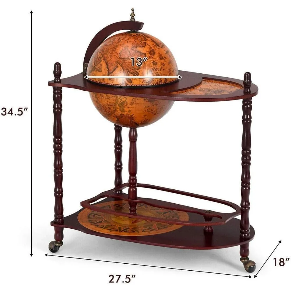 Globe Bar, soporte para wine bar de madera de 34,5 pulgadas con ruedas, estante inferior y mapa del viejo mundo, réplica italiana del siglo 16 Globe Bar Liquo
