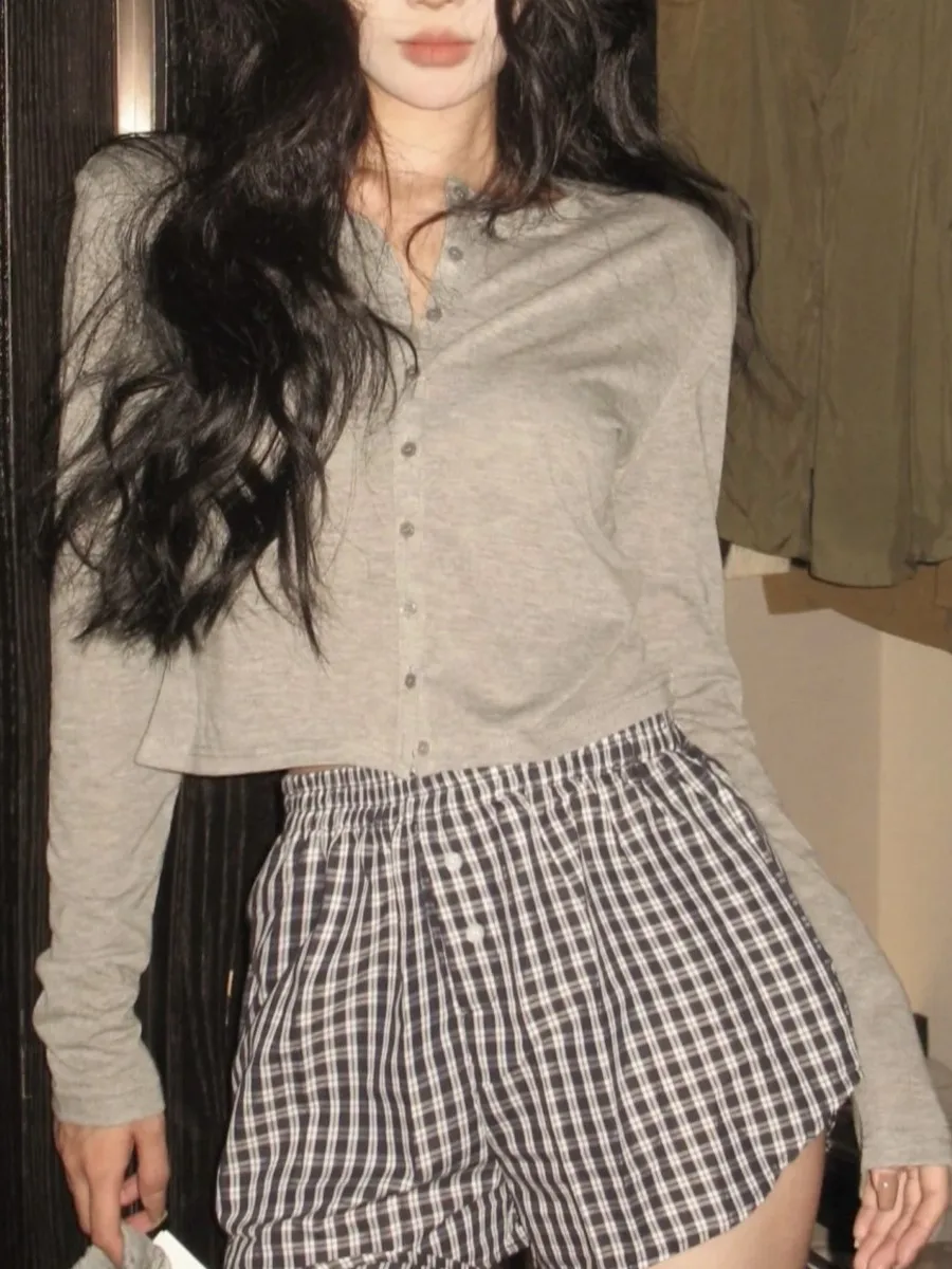 

Vintage Gray Plaid Long Boxer Shorts Women Summer Two Buttons Elastic Waist Straight Short Pant Sweet Streetwear Sweatshorts Y2K