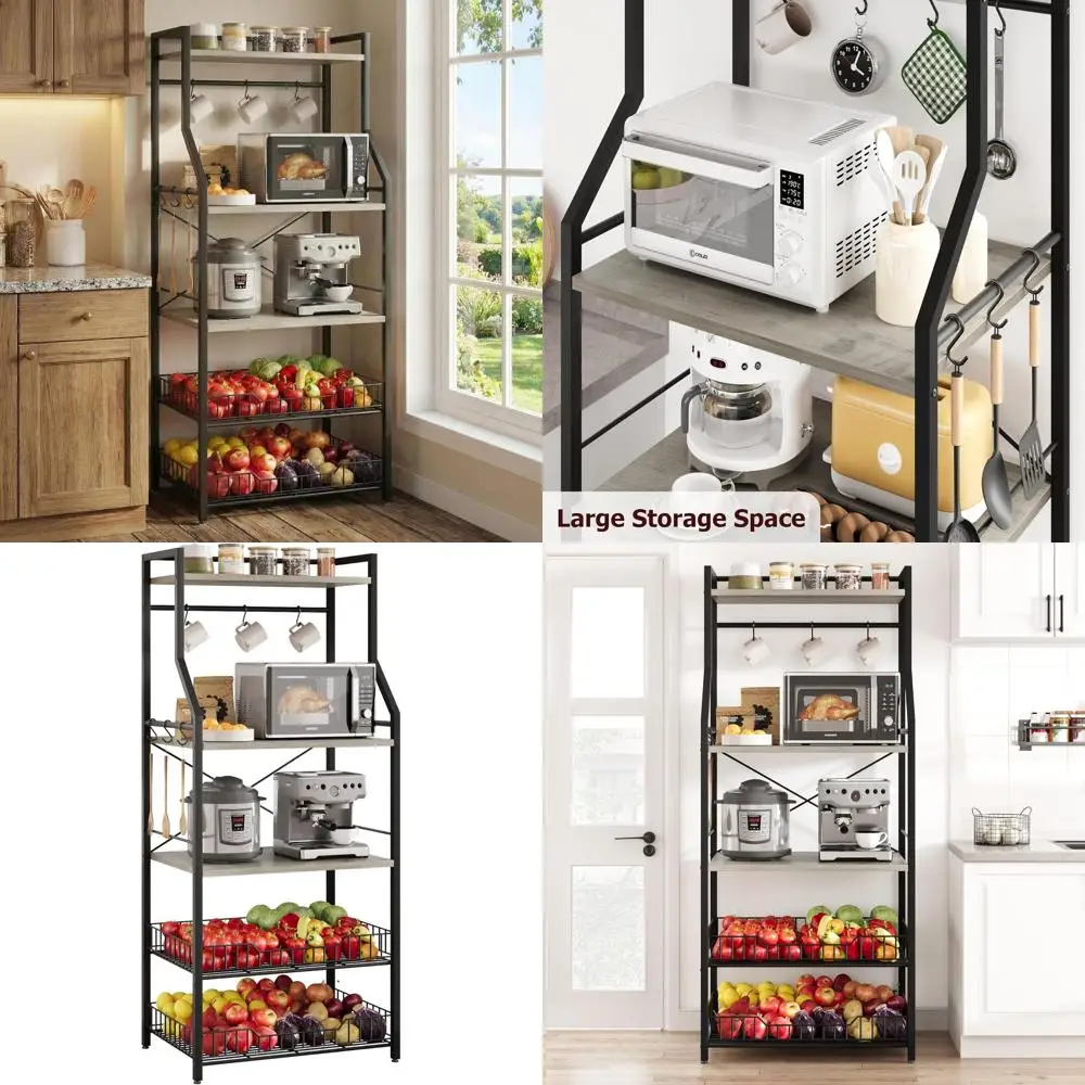 

5-Tier Coffee Bar Rack with Wire Baskets, Microwave Stand, Hooks, and Open Shelves in Black & Gray