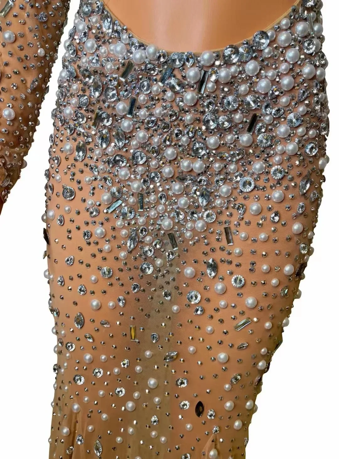 Nightclub Singer outfit  Full Diamond Mesh Perspective Hollow Long Sleeve Wrapped Hip Model Performance Dress