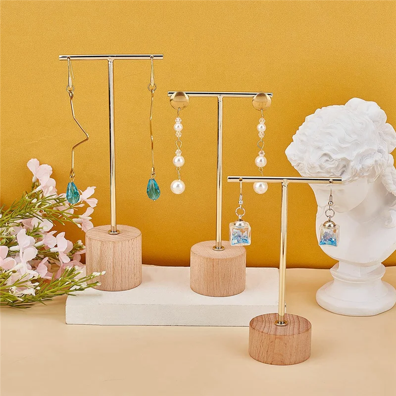 

ABFW 3Pcs T Bar Earring Display Stand with Wooden Base Jewelry Holders Hanging Jewelry Organizer for Photography Props B