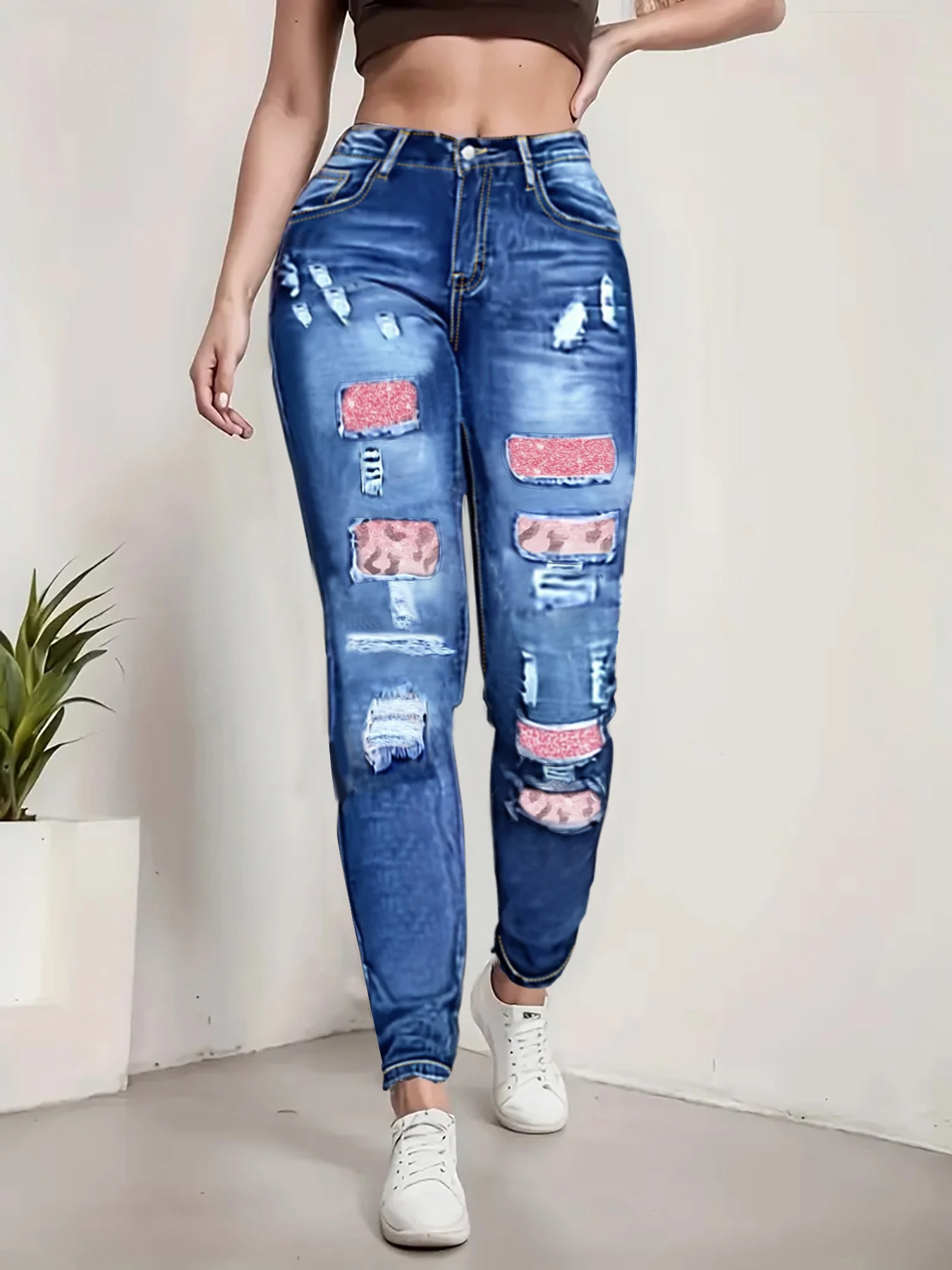 Women's Plus Size Blue Washed Jeans, Ripped Sequin Leopard Patch Stretchy Butt-Lifting Slimming Street Style Straight Leg Pants