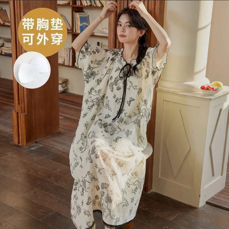 

Korean Fashion Women's Nightdress For Summer Short Sleeves Sleepwear with Bra Pad Big Size M-2XL Pjs Loungewear Mujer Pijamas