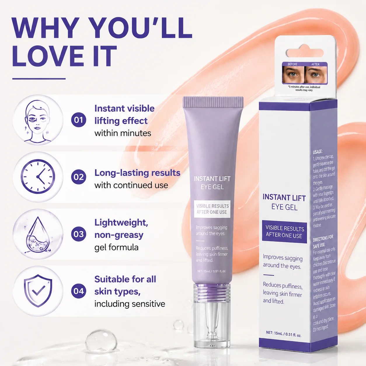 Instant Lift Eye Gel, For the Look of Puffiness & Bags, Fine Lines and Dark Circles, Skin Care for Unisex, Under Eye Brightener view 3