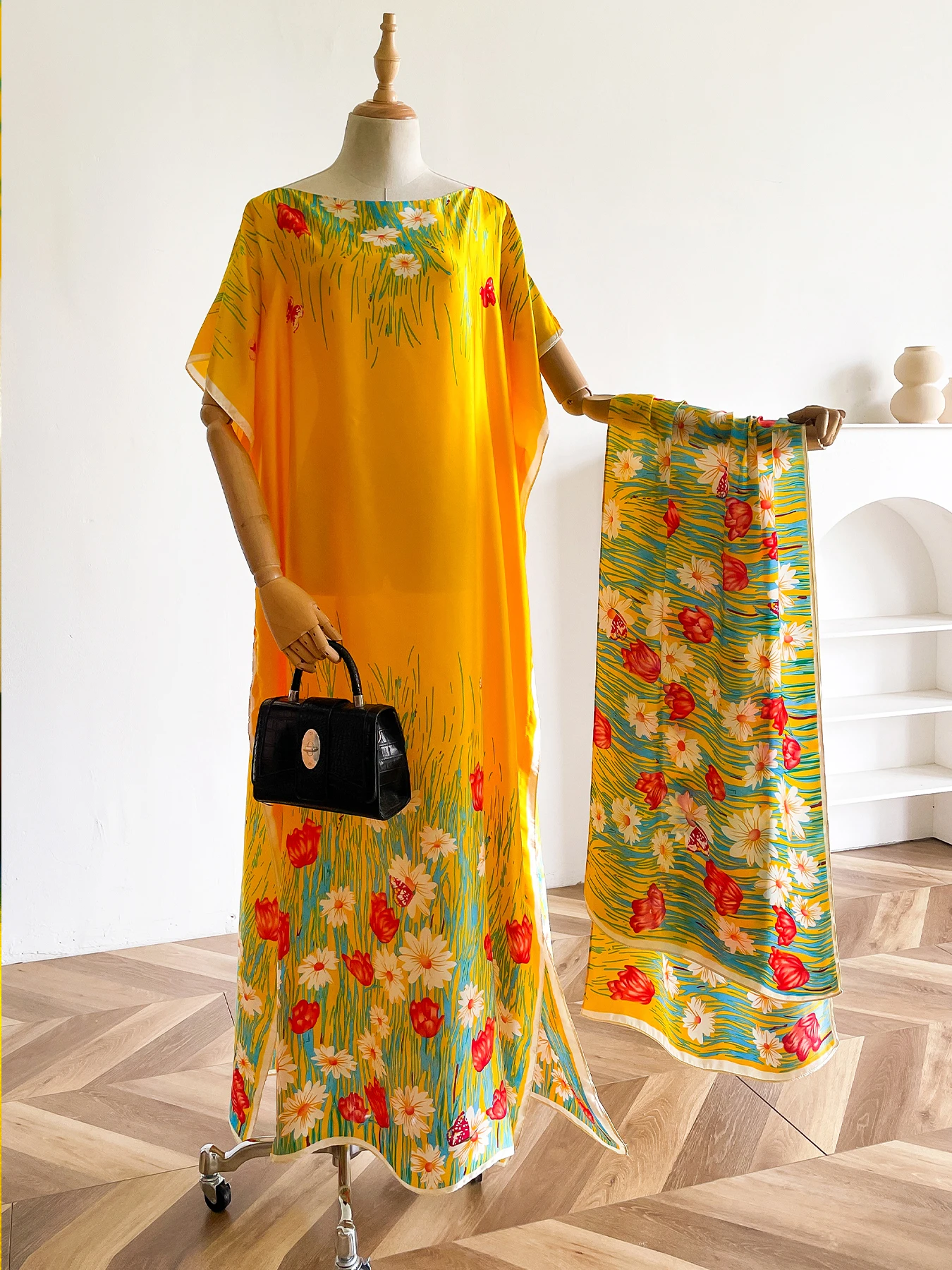 

New African Fashion Short Sleeve Colored Pattern Dubai Women Summer Real Silk Soft Printing Loose Traditional Muslim Dress with
