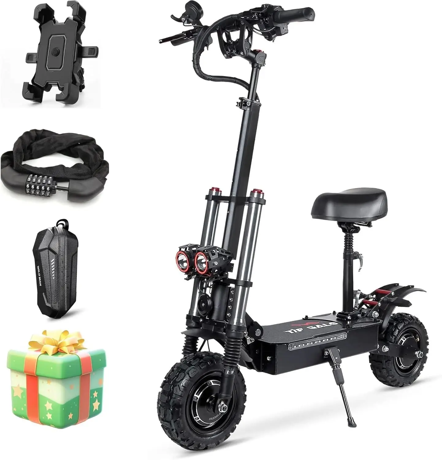 

11-дюймовый электрический скутер, двойной двигатель мощностью 6000 Вт с сиденьем, диапазоном до 50 миль и диапазоном 50 миль, двойным дисковым тормозом и амортизацией