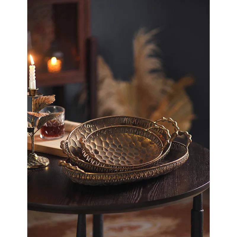 

Vintage Iron Decorative Tray, Set of 3, Bronze Gold Hammered Metal Serving Trays, Rustic Oval Handled Platters, Jewelry Storage