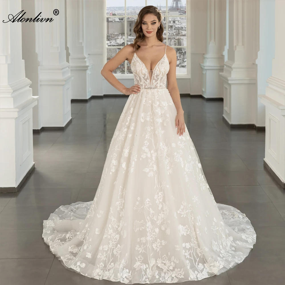 

Alonlivn Floral Prints Deep V-Neck A-Line Wedding Dresses Novias Beading Pearls Lace Backless Spaghetti Straps Bridal Gowns