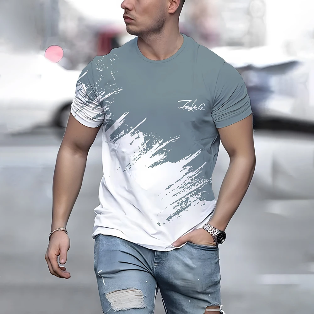 Fashion Contrast Color Print Men's T Shirt Casual O-neck Loose Short Sleeve Sports Tops Funny 3D Letter Tee Street Trend Clothes