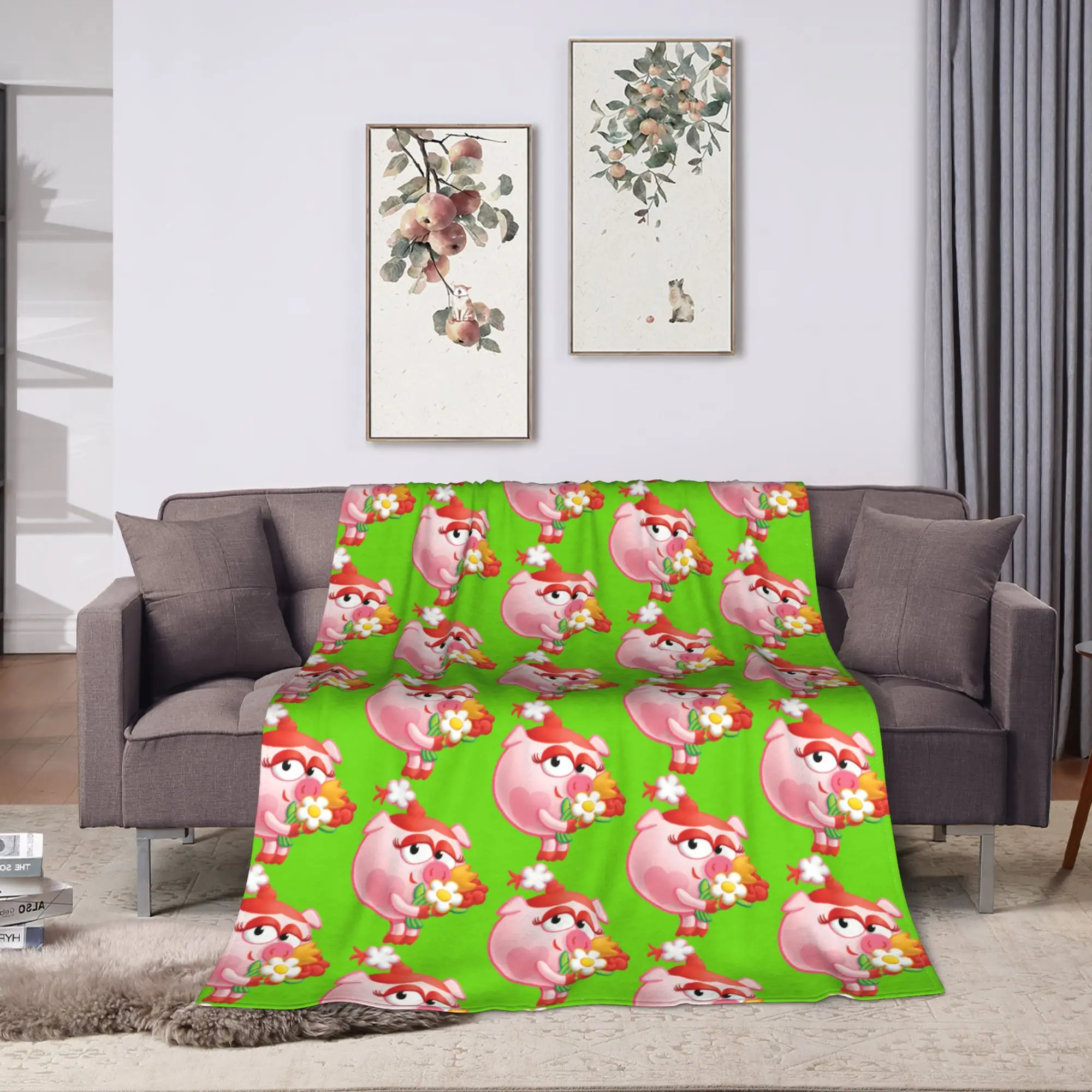 Kikoriki Nyusha Pig Holding Flowers Blankets Adults  Flannel Throw Blanket For Sofa Home Warm Custom Quality Bedspread Gift