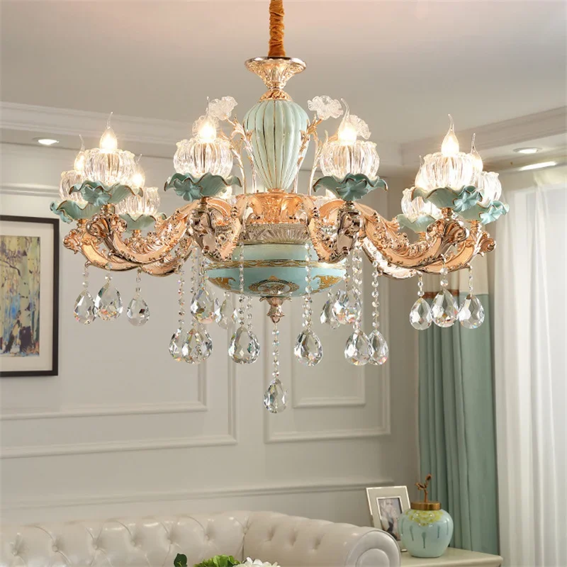 

European Lustre Cristal Blue Ceramic Living Room Crystal Lighting Building Luxury French Chandelier