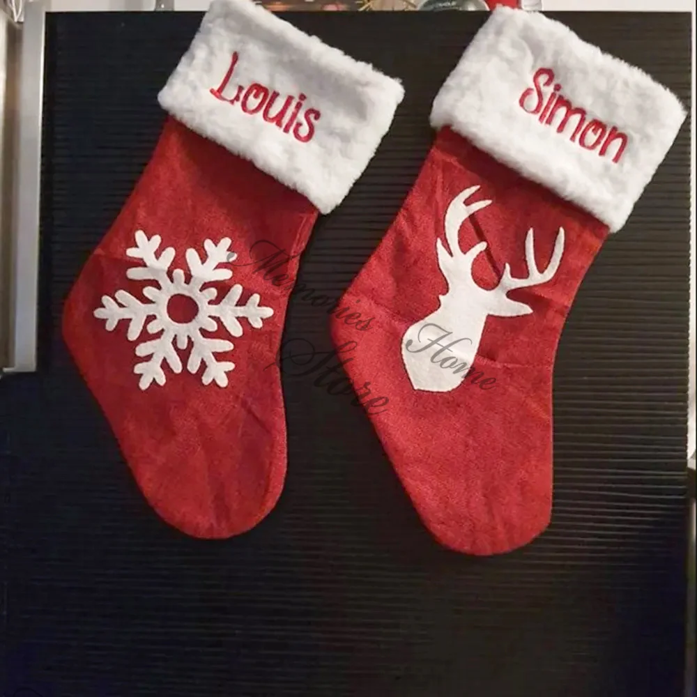 

Merry Christmas Embroidered Name Decoration Socks Large Deer Pattern Christmas Decorative Socks Christmas Kids Candy Gift Bags