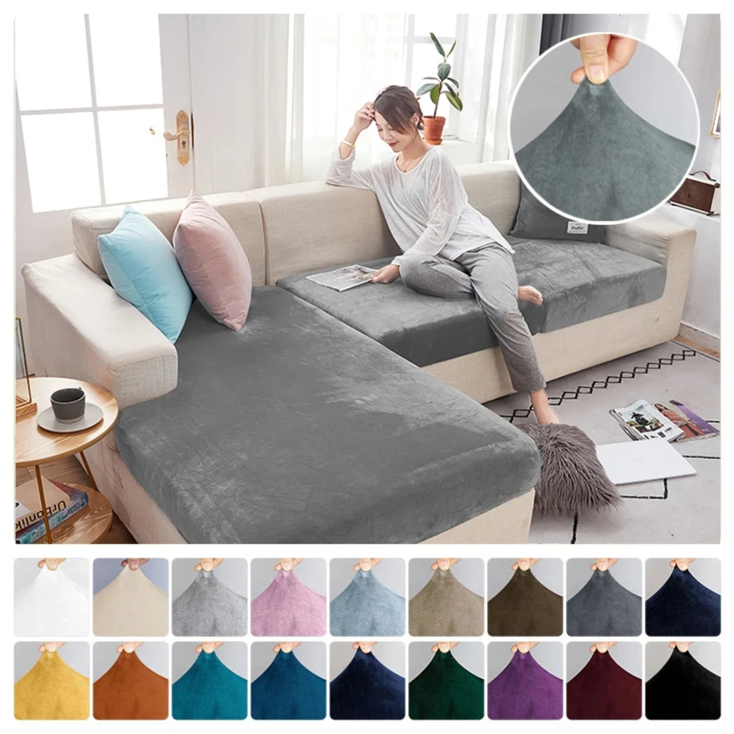 Soft Velvet Fabric Elastic Sofa Cushion Seat Cover for Living Room - Slipcover Protector for Couch Housmifr  seater sofa cover