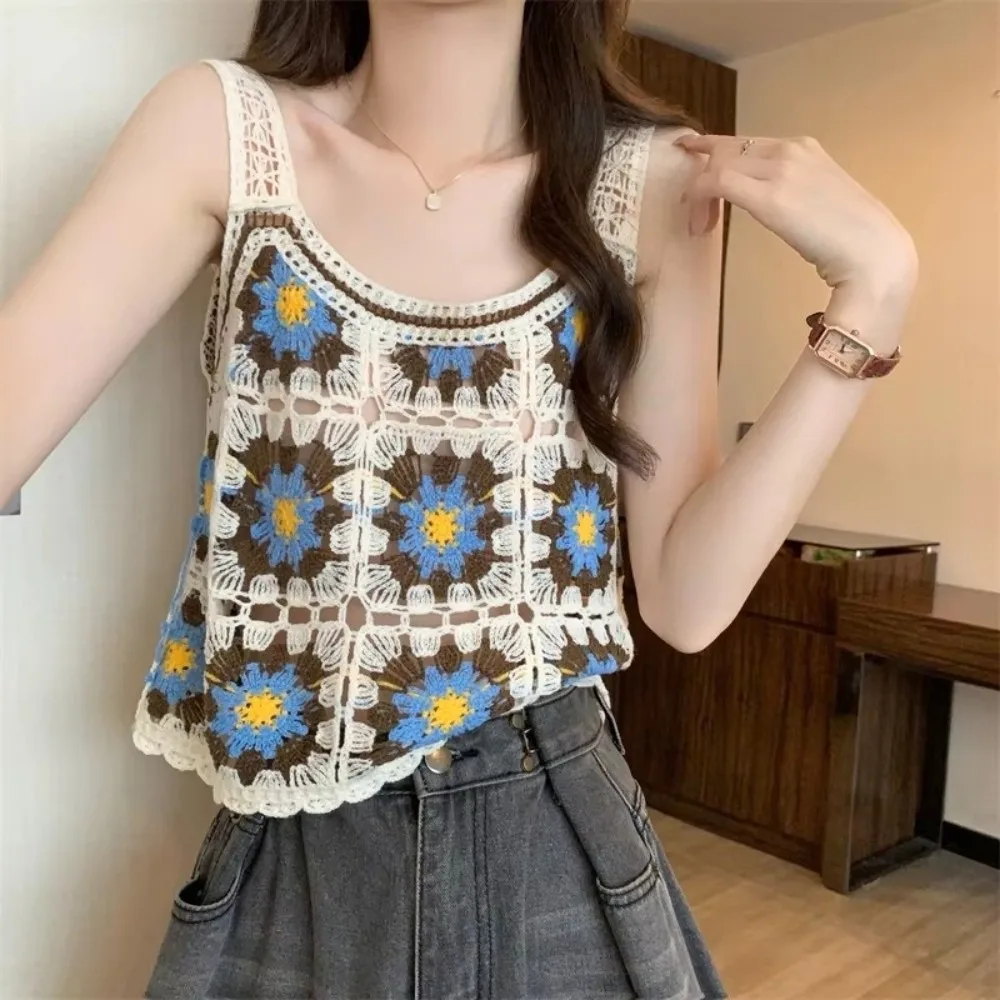 Sweet Knitted Hollow Out Vest Strap Dopamine Floral Crochet Blouse Colorful Bohemian Holiday Style Sleeveless Top Women's Top