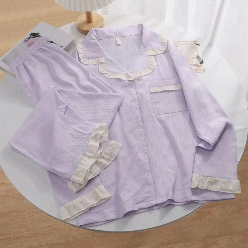 Korean Solid Soft Casual Simple Women's Pajamas Set Sweet Lapel Neck Lace Fashion Pajamas Spring Summer New 2026 Sleepwear Woman
