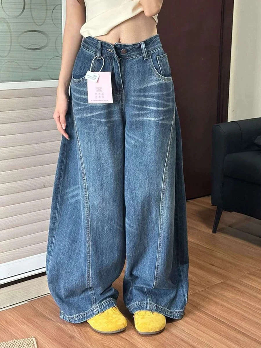 Długie spodnie jeansowe w stylu vintage American Denim Wiosna Jesień Wysoki stan Cienkie Luźne Spodnie z szerokimi nogawkami Damskie spodnie jeansowe Plus Size