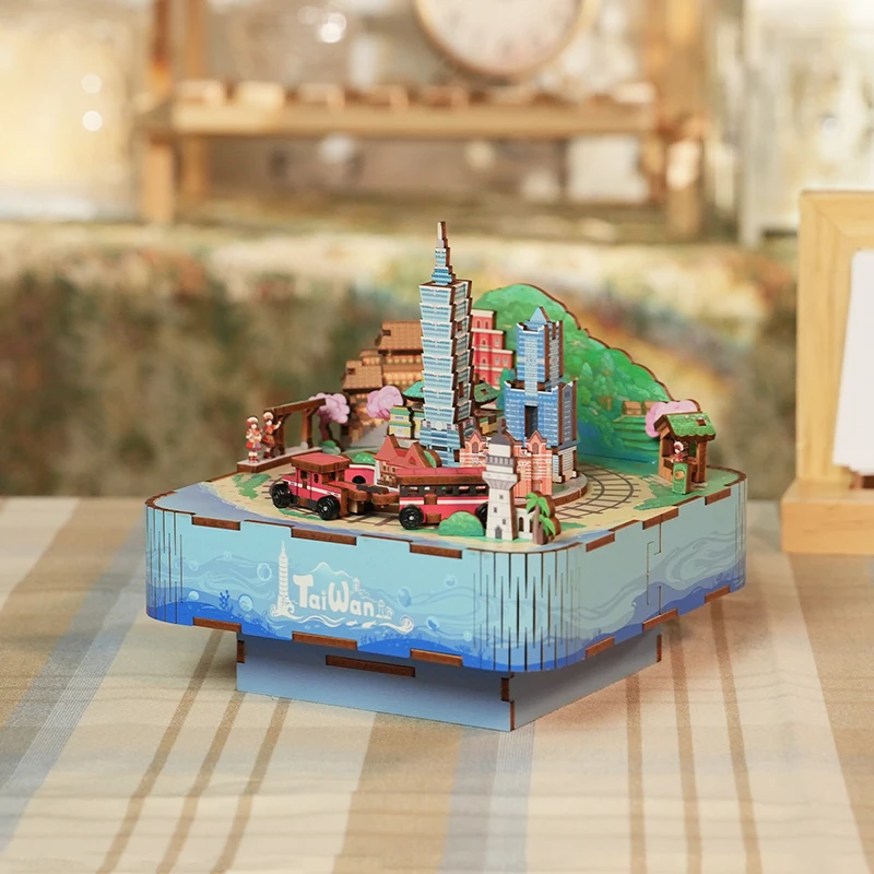 DIY 3D Wooden Taiwan Street View Music Box Miniature Model Kits Jigsaw Puzzles With Light Can Move for Children Christmas Gifts