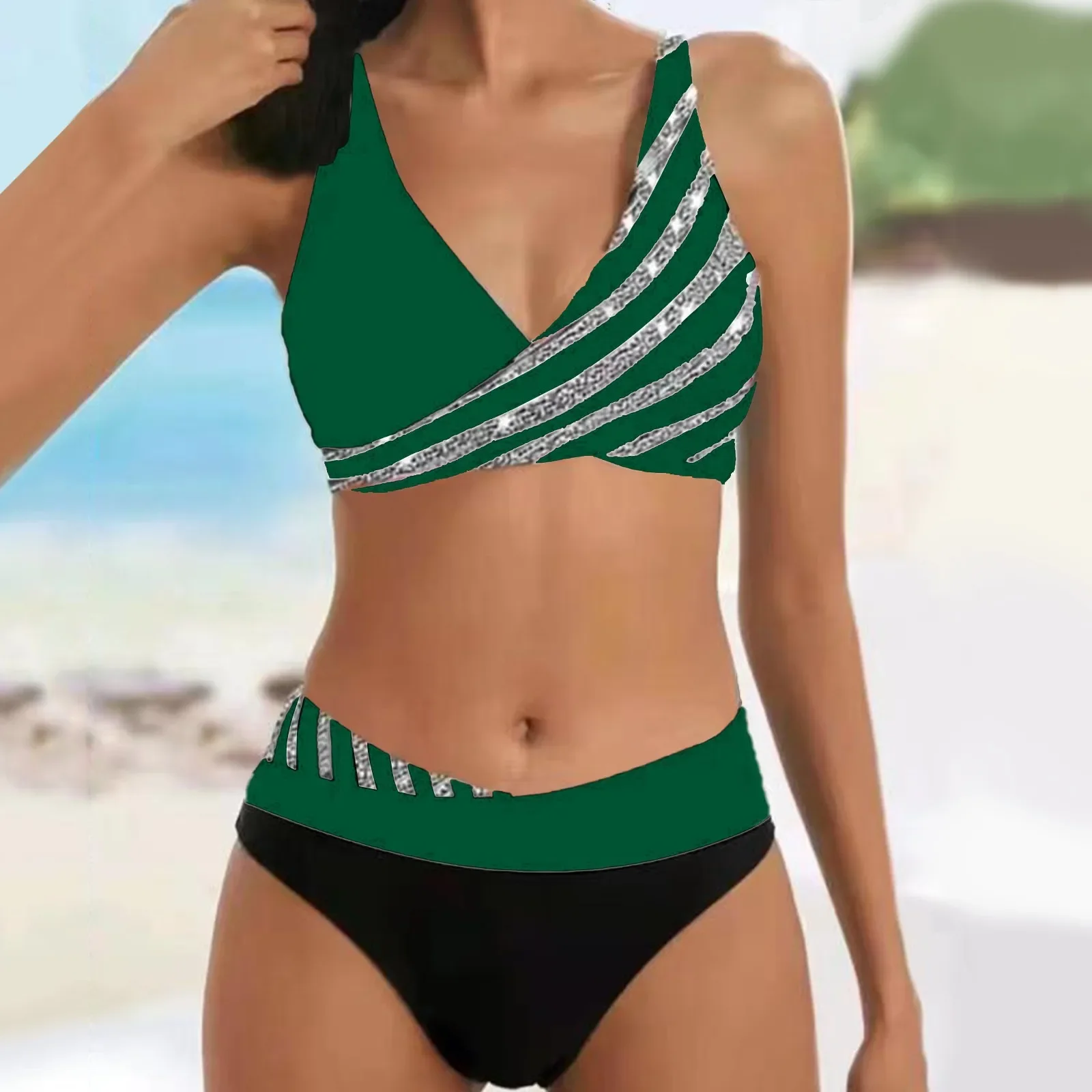 Mulheres elegante brilhante Tankini Patchwork listrado, juventude Bikini Swimwear, contraste de cores maiô, feriado, férias, viagens Beach Wear